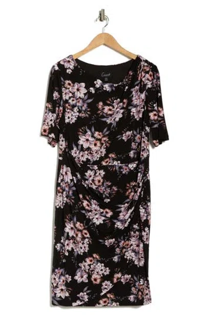 Connected Apparel Floral Elbow-length Sleeve Faux Wrap Dress In Multi