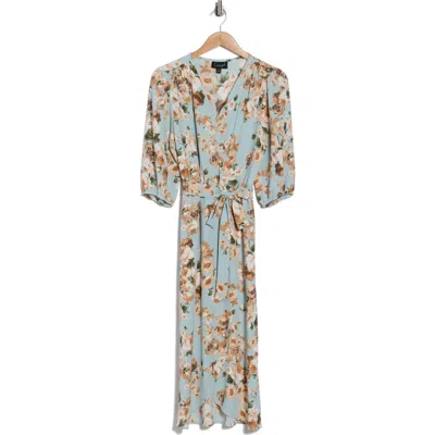 Connected Apparel Floral Faux Wrap Midi Dress In Blue