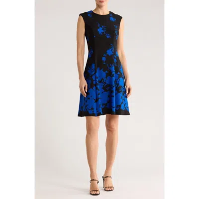 Connected Apparel Floral Fit & Flare Dress In Blue