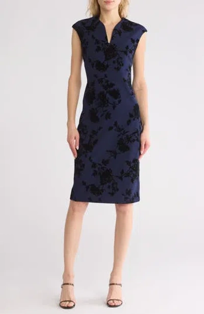 Connected Apparel Floral Flocked Scuba Sheath Dress In Midnight