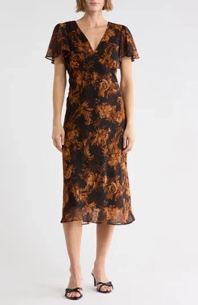 Connected Apparel Floral Flutter Sleeve Chiffon Dress In Blue