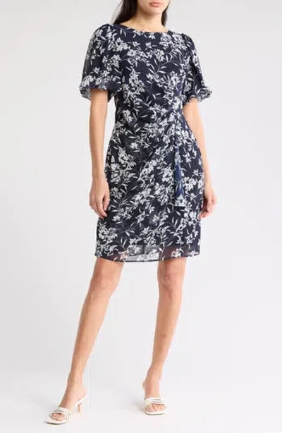Connected Apparel Floral Flutter Sleeve Faux Wrap Chiffon Minidress In Navy