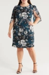 Connected Apparel Floral Flutter Sleeve Sheath Dress In Dark Mallard