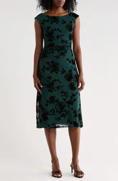 Connected Apparel Floral Jacquard Mesh Midi Dress In Hunter