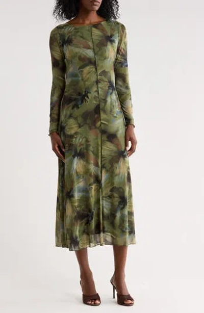 Connected Apparel Floral Long Sleeve Mesh Dress In Olive