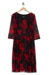 Connected Apparel Floral Long Sleeve Mesh Midi Dress In Red