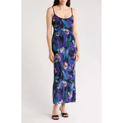Connected Apparel Floral Mesh Maxi Dress In Blueberry