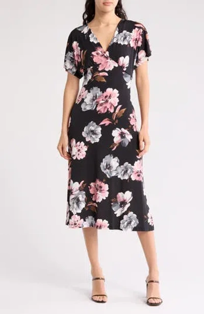 Connected Apparel Floral Midi Dress In Black