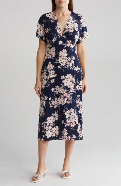 Connected Apparel Floral Midi Dress In Navy/coral