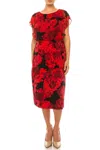Connected Apparel Floral Midi Length Dress In Red