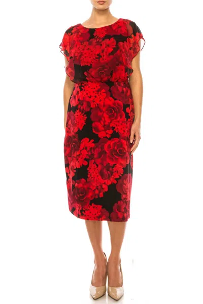 Connected Apparel Floral Midi Length Dress In Red