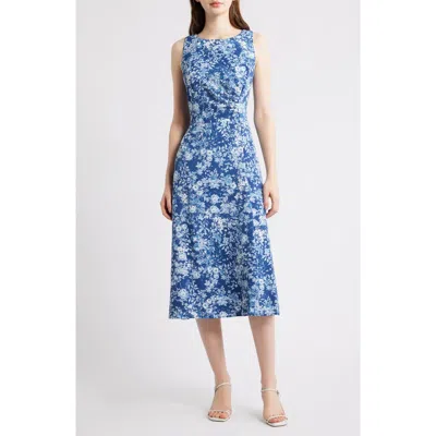 Connected Apparel Floral Pleat Waist Sleeveless Midi Dress In Demin