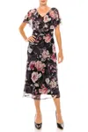 Connected Apparel Floral Print Cape Midi Dress In Navy