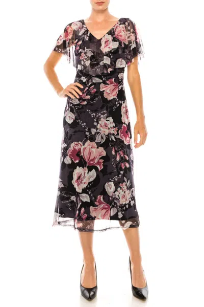 Connected Apparel Floral Print Cape Midi Dress In Navy In Black