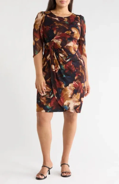 Connected Apparel Floral Print Cape Sleeve Minidress In Brown