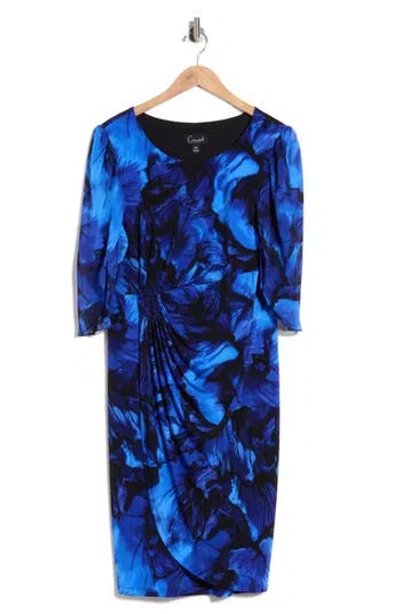 Connected Apparel Floral Print Cape Sleeve Minidress In Blue