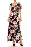 Connected Apparel Floral Print Chiffon Cape Maxi Dress In Magenta