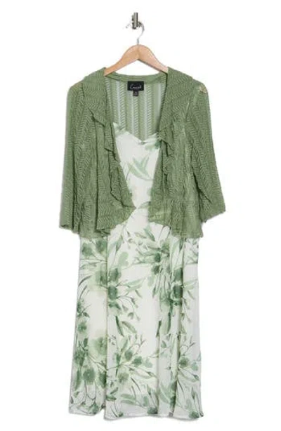 Connected Apparel Floral Print Dress & Shrug Set In Sage