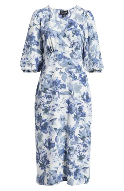 Connected Apparel Floral Print Puff Shoulder Midi Dress In Blue