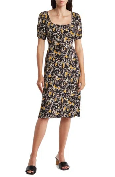Connected Apparel Floral Print Ruched Sleeve Dress In Black/yellow Mustard