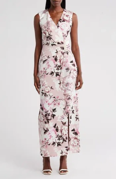 Connected Apparel Floral Print Ruffle Sleeveless Maxi Dress In Dusty Mauve