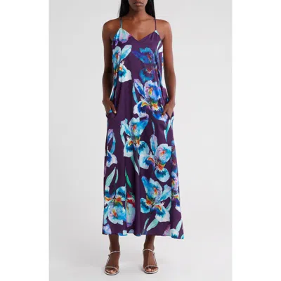 Connected Apparel Floral Print Satin Slipdress In Plum