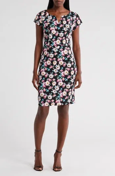 Connected Apparel Floral Print Sheath Dress In Black