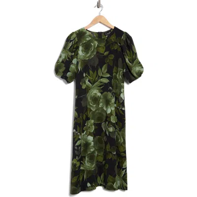 Connected Apparel Floral Puff Sleeve A-line Dress In Green