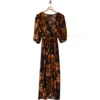 Connected Apparel Floral Puff Sleeve Faux Wrap Maxi Dress In Brown