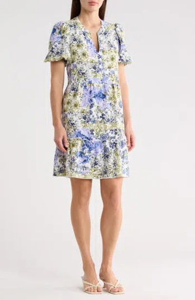 Connected Apparel Floral Puff Sleeve Tiered Dress In Green
