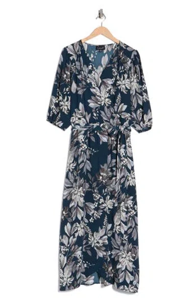 Connected Apparel Floral Puff Sleeve Wrap Midi Dress In Green