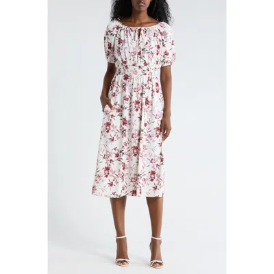 Connected Apparel Floral Raglan Sleeve Smocked Waist Midi Dress In Brown