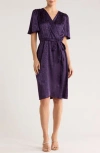 Connected Apparel Floral Satin Jacquard Wrap Front Dress In Purple