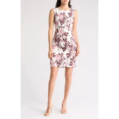 Connected Apparel Floral Sheath Dress In Ivory/mauve