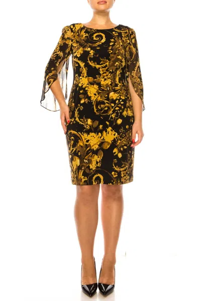 Connected Apparel Floral Sheer Sleeve Sheath Dress In Mustard