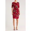Connected Apparel Floral Shirred Waist Knit Dress In Red