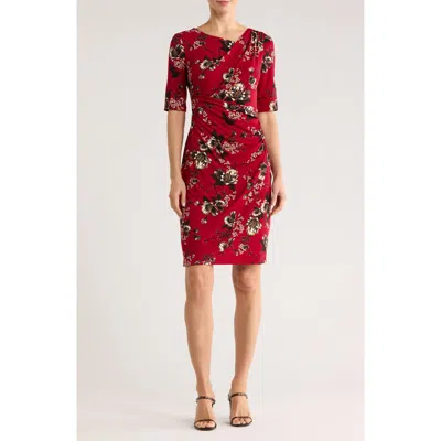 Connected Apparel Floral Shirred Waist Knit Dress In Red