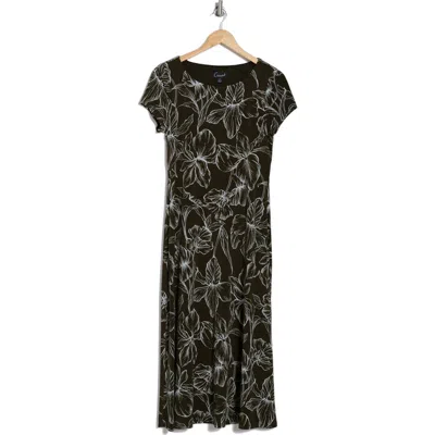 Connected Apparel Floral Short Sleeve A-line Midi Dress In Olive