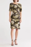 Connected Apparel Floral Short Sleeve Ruched Waist Dress In Multi