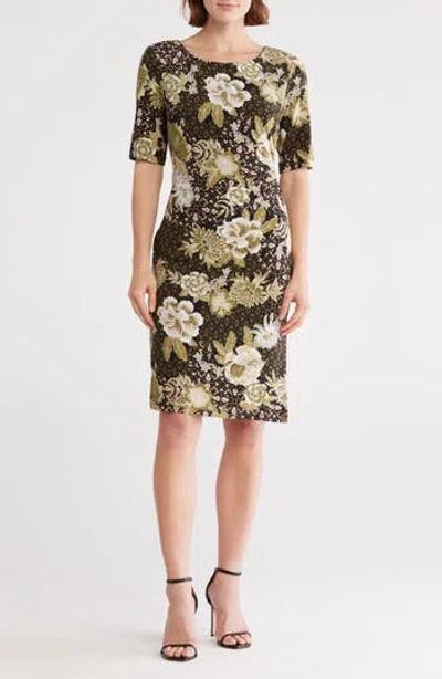Connected Apparel Floral Short Sleeve Ruched Waist Dress In Multi