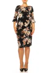 Connected Apparel Floral Side Pleated Sheath Dress In Rust