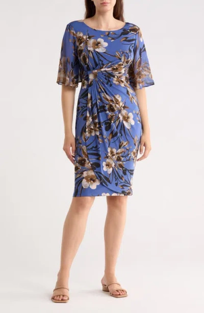 Connected Apparel Floral Side Ruched Faux Wrap Dress In Gray