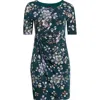 Connected Apparel Floral Side Ruched Knit Dress In Green