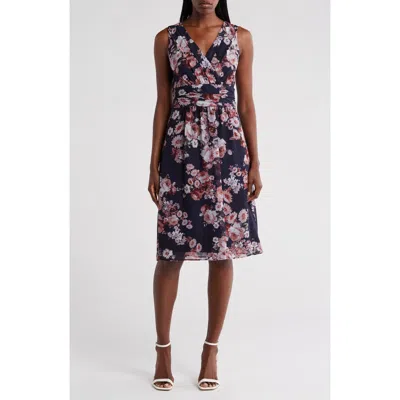 Connected Apparel Floral Sleeveless Chiffon Dress In Navy/mauve