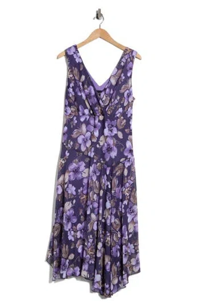 Connected Apparel Floral Sleeveless Chiffon Dress In Purple