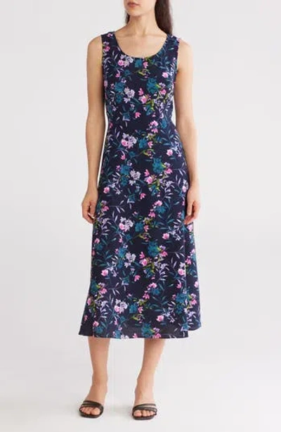 Connected Apparel Floral Sleeveless Lace-up Back Midi Dress In Navy/fuchsia