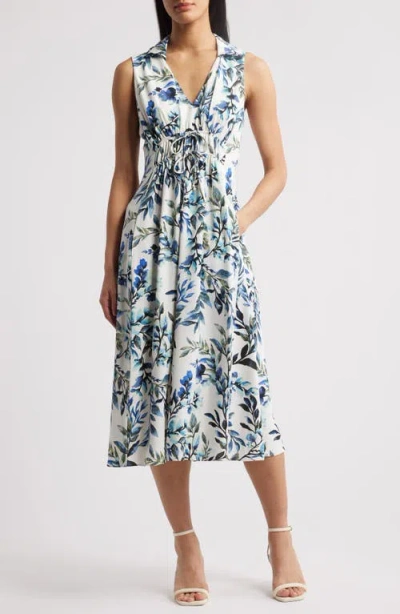 Connected Apparel Floral Sleeveless Midi Dress In Blue