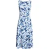 Connected Apparel Floral Sleeveless Pleated Waist A-line Midi Dress In Denim