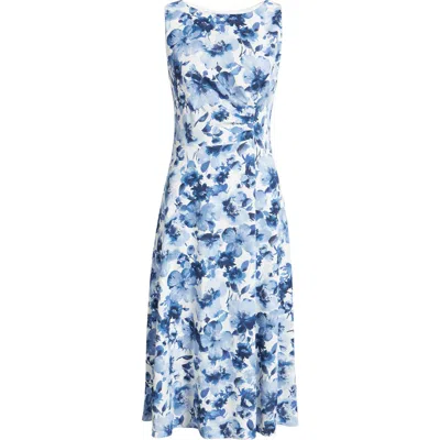 Connected Apparel Floral Sleeveless Pleated Waist A-line Midi Dress In Denim