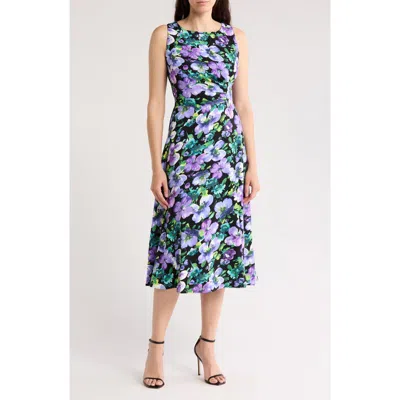 Connected Apparel Floral Sleeveless Pleated Waist A-line Midi Dress In Multi